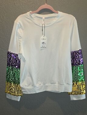 *NEW* MARDI GRAS Boutique Shirt Sequin Long Sleeves White WOMENS Medium STRETCHY